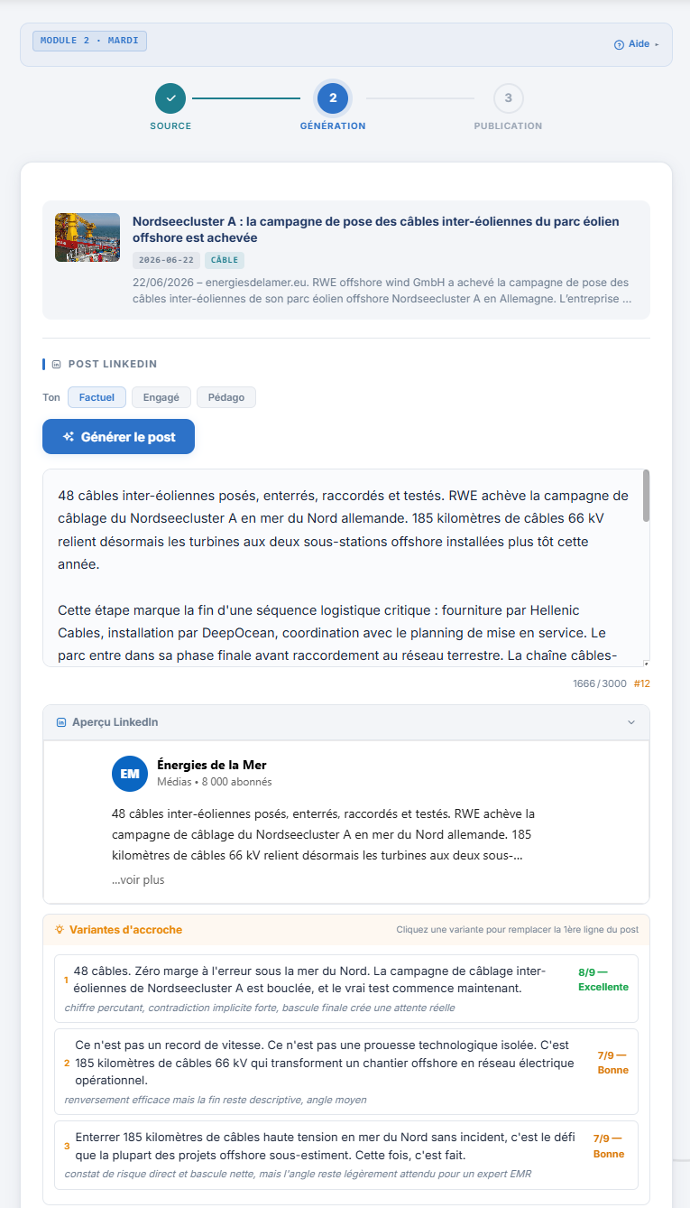 Module Article EDLM — post LinkedIn généré avec variantes d'accroche scorées
