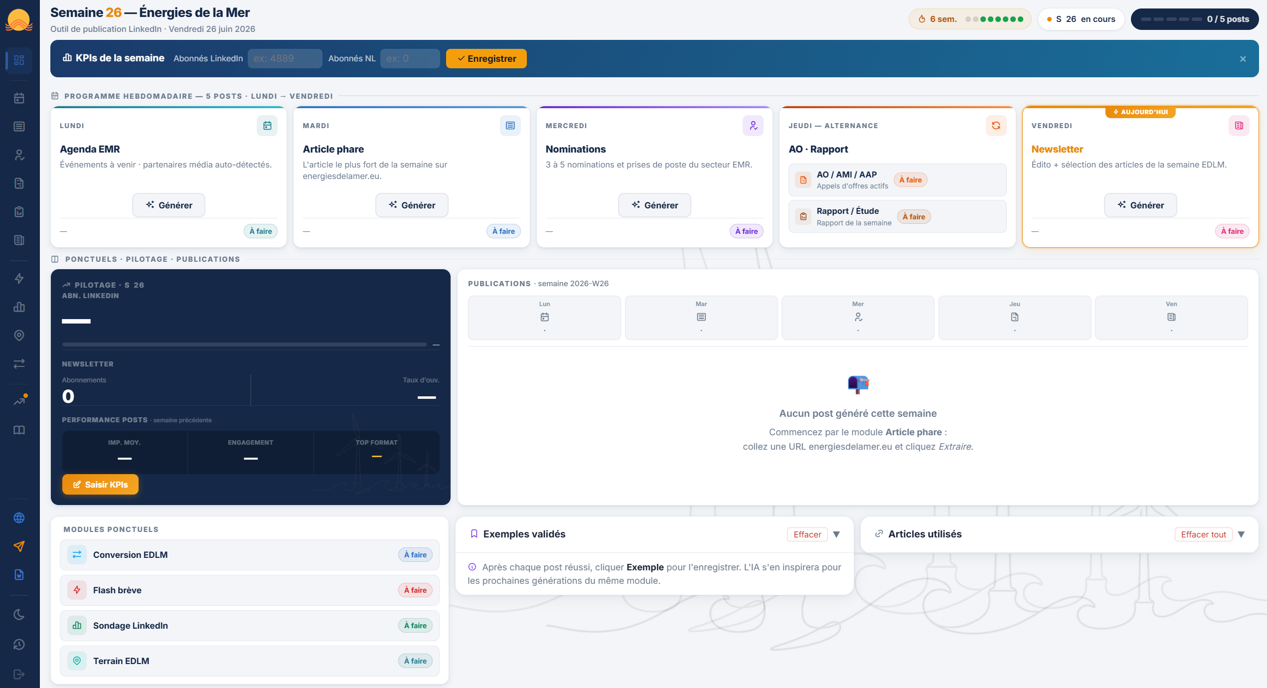 Home EDLM LinkedIn — calendrier éditorial hebdomadaire, pilotage et modules ponctuels